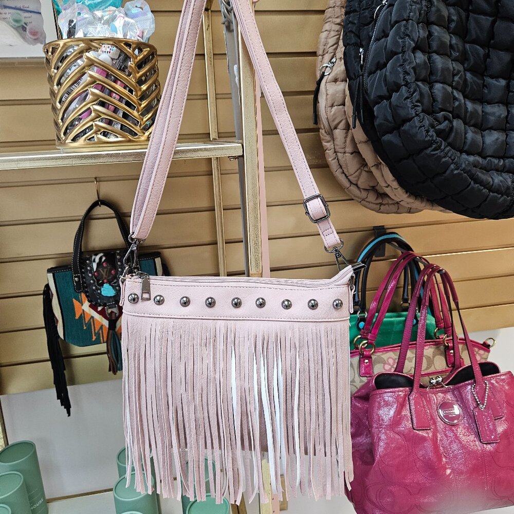 Vegan leather pink crossbody with fringe